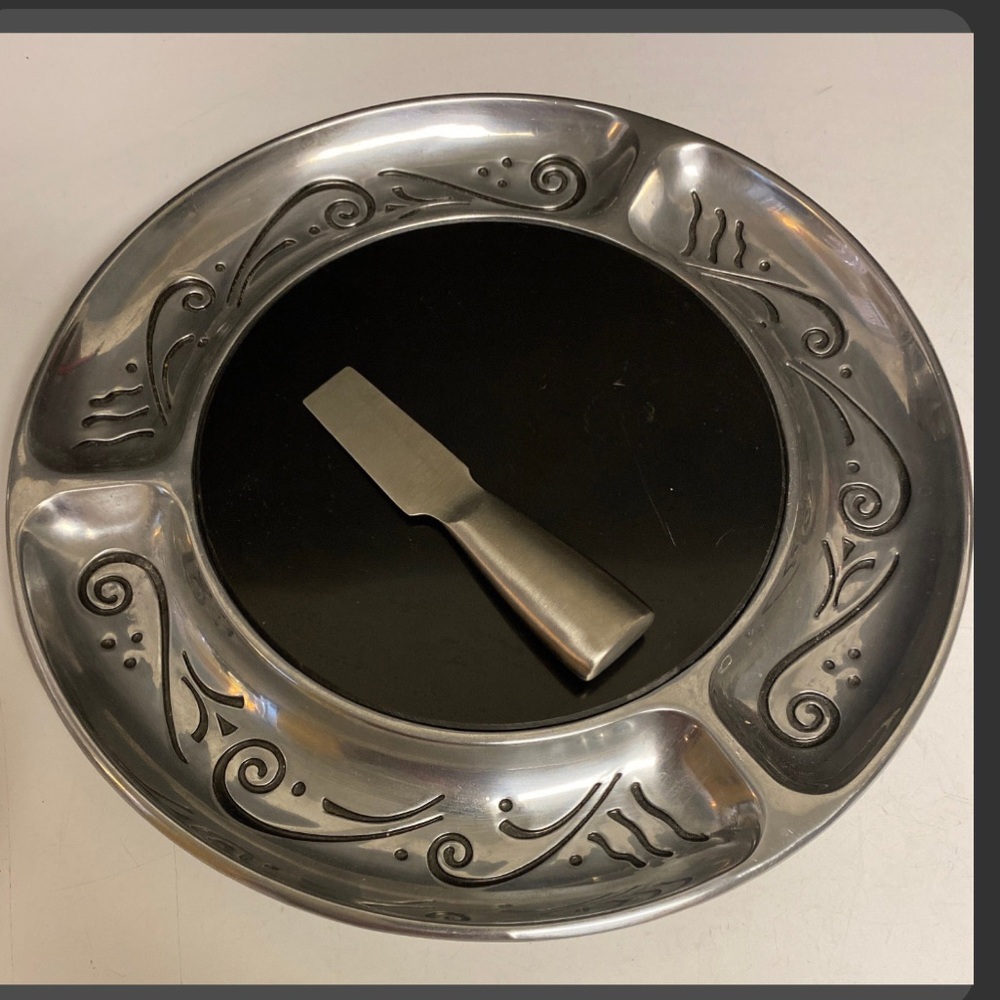 Lenox Spyro Cheese Platter with Knife Round Metal Servware with Marble Board